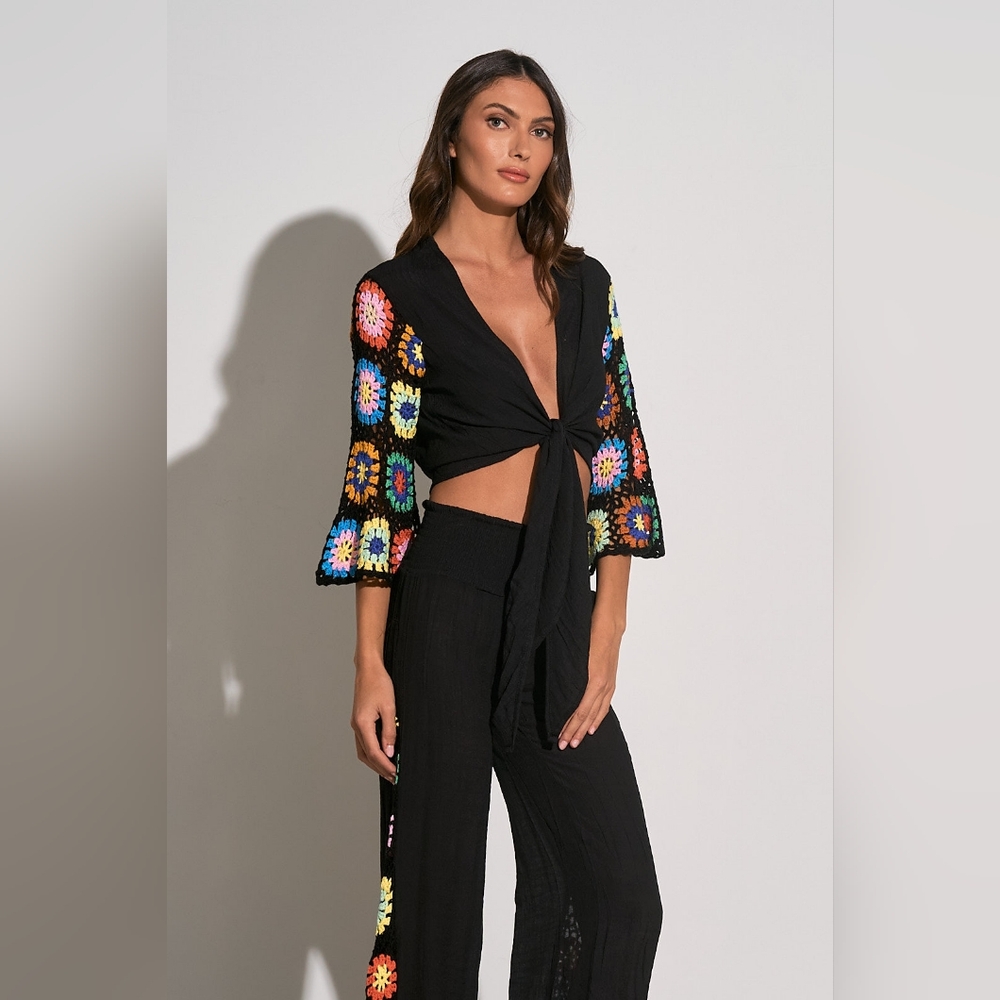 NWT Elan Black With Rainbow Crochet Wide Leg Pant Set - M - Picture 3 of 6
